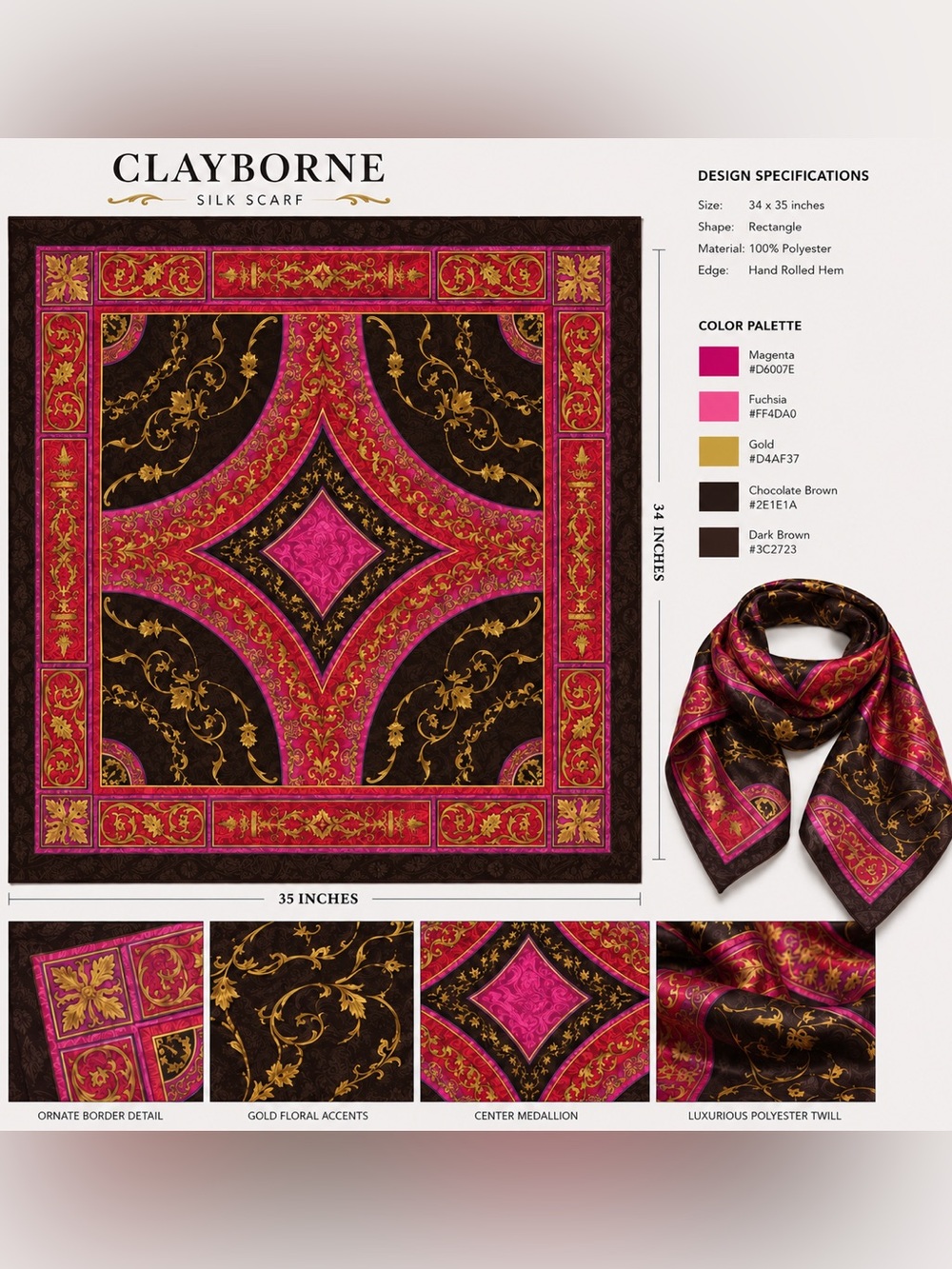 Liz Claiborne Baroque Print Square Scarf 34x35 Magenta Gold Polyester Scarf